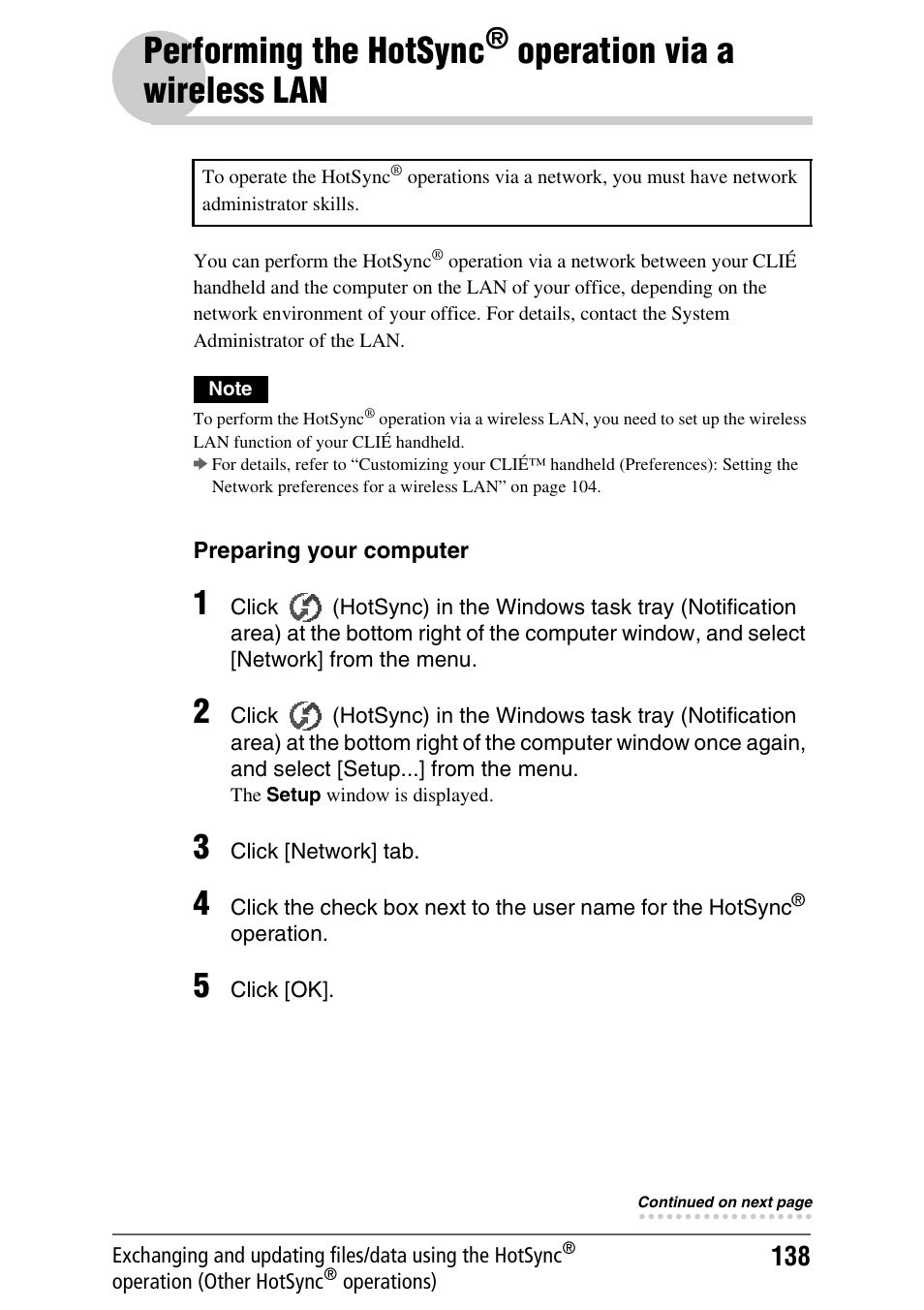 Performing the hotsync, Operation, Via a wireless lan | Operation via a wireless lan | Sony PEG-TH55 User Manual | Page 138 / 231