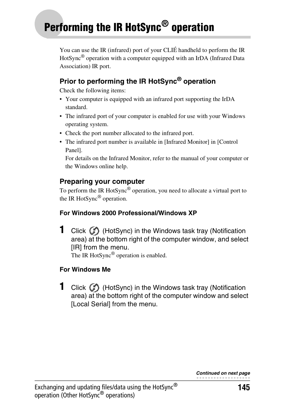 Performing the ir hotsync® operation, Performing the ir hotsync, Operation | Sony PEG-TH55 User Manual | Page 145 / 231