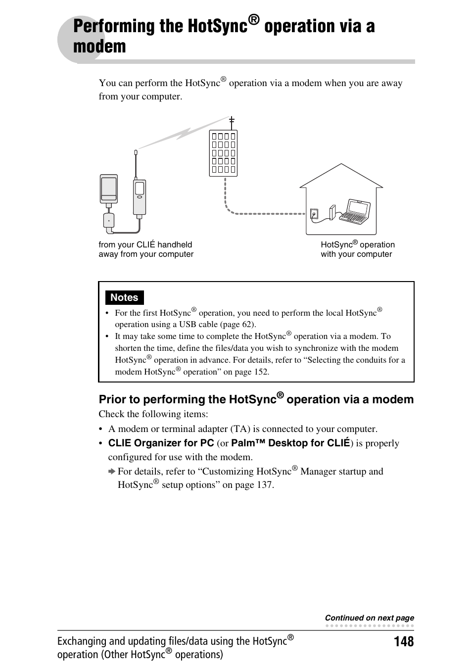 Performing the hotsync® operation via a modem, Performing the hotsync, Operation | Via a modem, Operation via a modem, Prior to performing the hotsync | Sony PEG-TH55 User Manual | Page 148 / 231