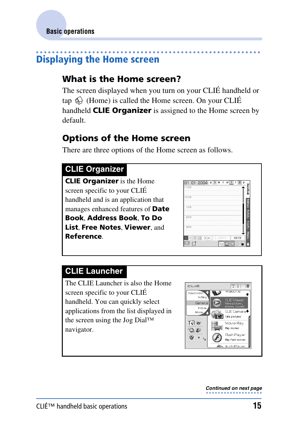 Displaying the home screen, What is the home screen, Options of the home screen | Sony PEG-TH55 User Manual | Page 15 / 231