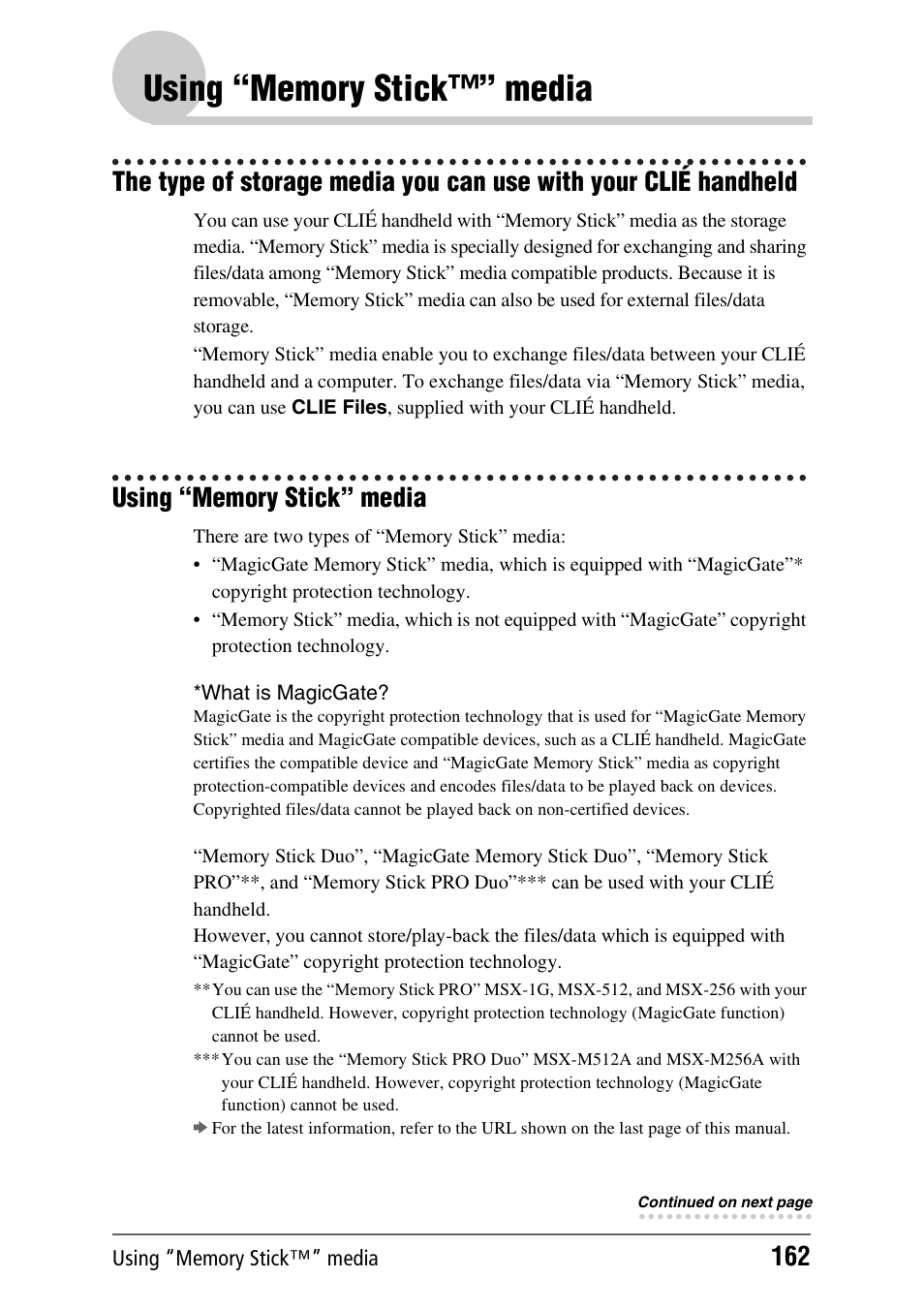 Using “memory stick™” media, Using “memory stick” media | Sony PEG-TH55 User Manual | Page 162 / 231