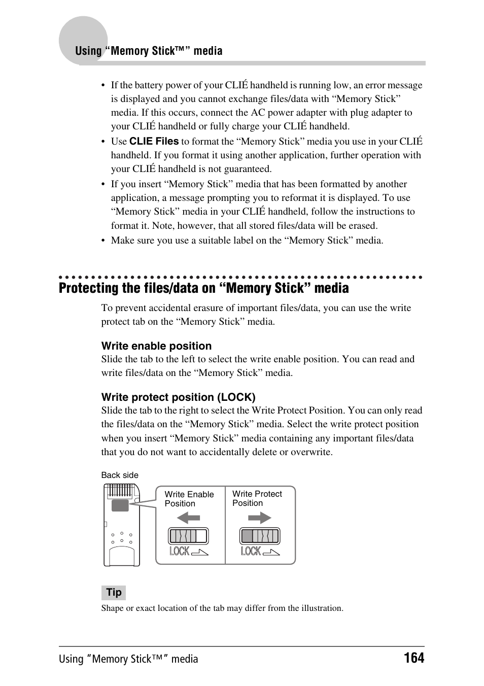 Protecting the files/data on “memory stick” media | Sony PEG-TH55 User Manual | Page 164 / 231