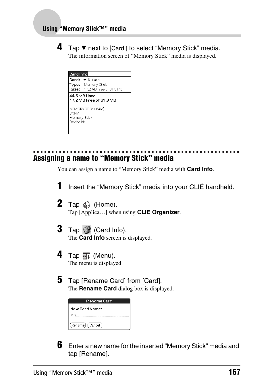 Assigning a name to “memory stick” media | Sony PEG-TH55 User Manual | Page 167 / 231