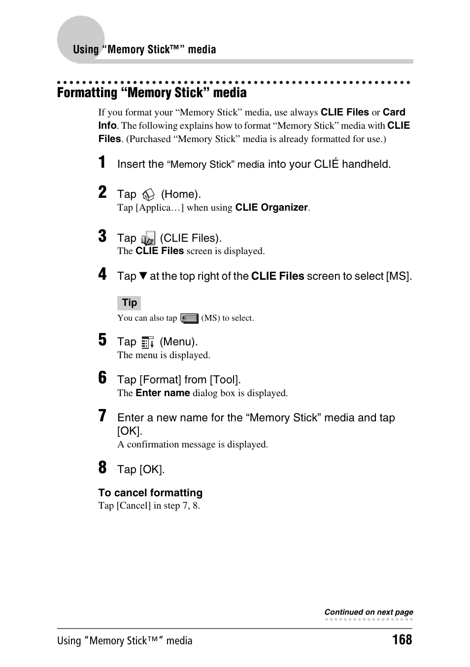 Formatting “memory stick” media | Sony PEG-TH55 User Manual | Page 168 / 231