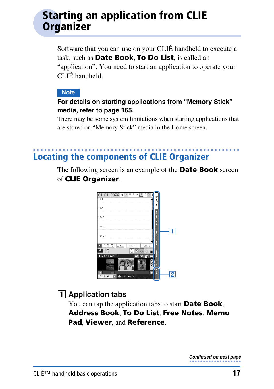 Starting an application from clie organizer, Locating the components of clie organizer | Sony PEG-TH55 User Manual | Page 17 / 231