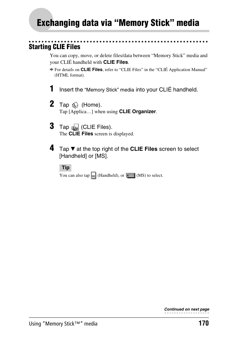 Exchanging data via “memory stick” media, Starting clie files | Sony PEG-TH55 User Manual | Page 170 / 231