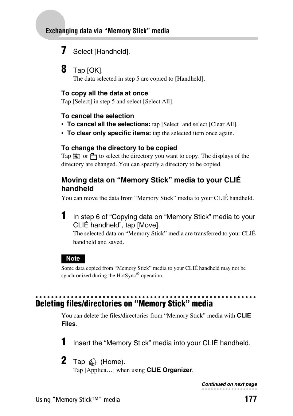 Deleting files/directories on “memory stick” media | Sony PEG-TH55 User Manual | Page 177 / 231