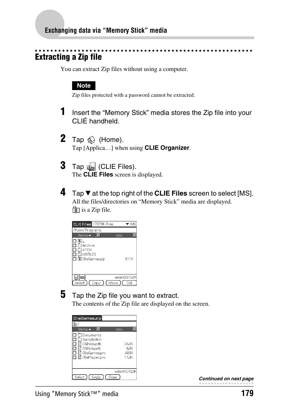 Extracting a zip file | Sony PEG-TH55 User Manual | Page 179 / 231