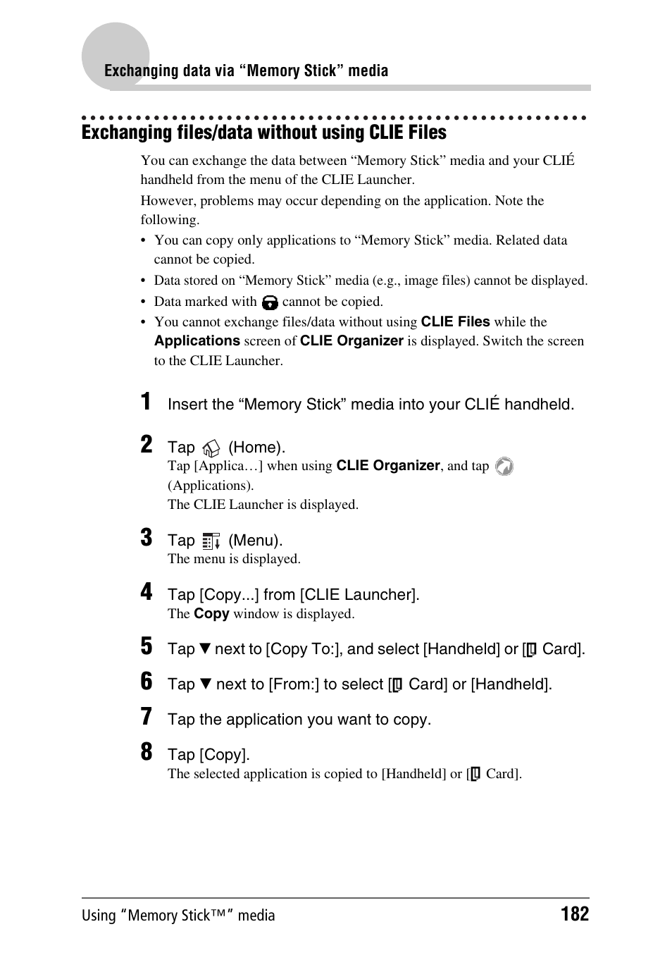 Exchanging files/data without using clie files | Sony PEG-TH55 User Manual | Page 182 / 231