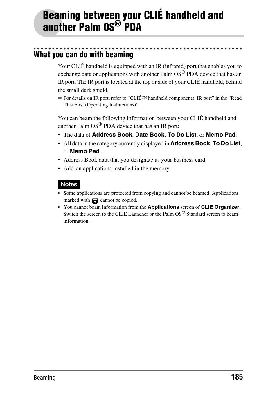 What you can do with beaming, Beaming between your clié handheld and, Another palm os | Sony PEG-TH55 User Manual | Page 185 / 231