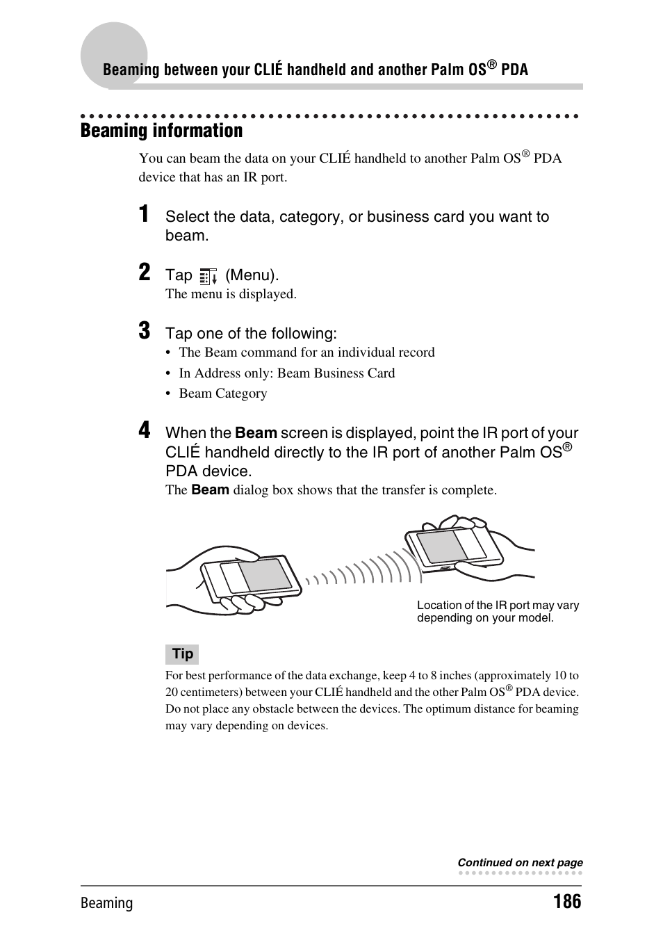 Beaming information | Sony PEG-TH55 User Manual | Page 186 / 231