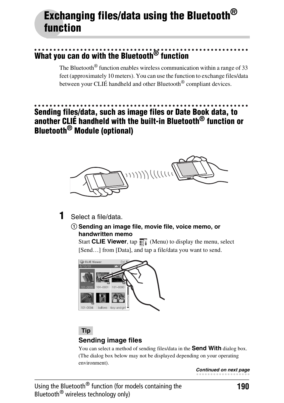 What you can do with the bluetooth® function, Exchanging files/data using the bluetooth, Function | What you can do with the bluetooth, Function or bluetooth, Module (optional), Function what you can do with the bluetooth | Sony PEG-TH55 User Manual | Page 190 / 231