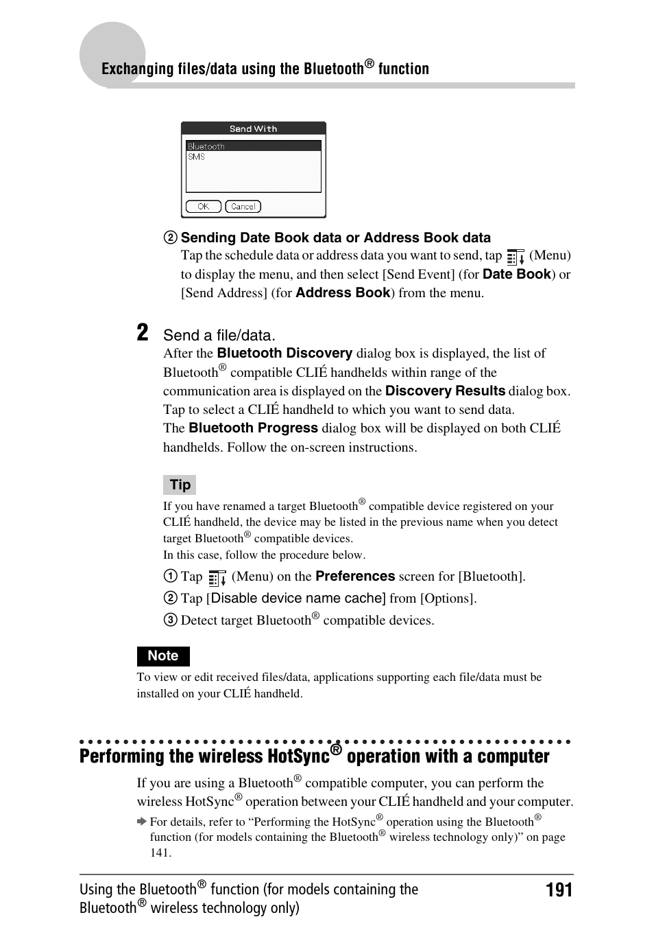 Performing the wireless hotsync, Operation with a computer, Operation | With a computer | Sony PEG-TH55 User Manual | Page 191 / 231