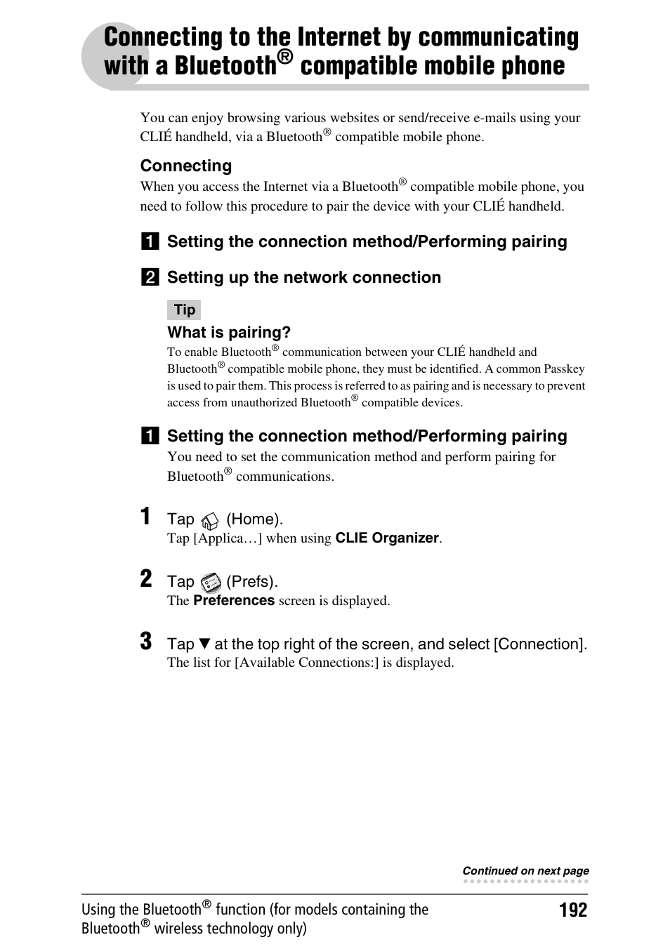 Compatible mobile phone, Connecting to the internet by communicating with, A bluetooth | Sony PEG-TH55 User Manual | Page 192 / 231