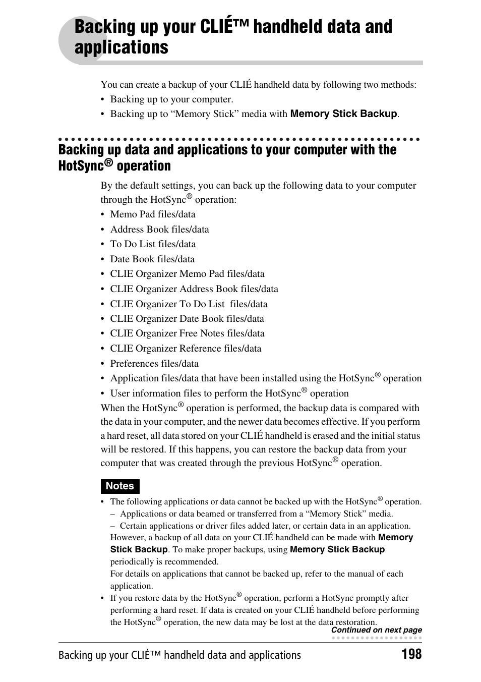 Operation, Backing up your clié™ handheld data and | Sony PEG-TH55 User Manual | Page 198 / 231