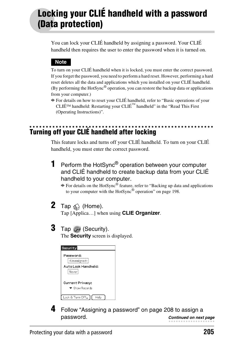 Turning off your clié handheld after locking, Locking your clié handheld with a password | Sony PEG-TH55 User Manual | Page 205 / 231