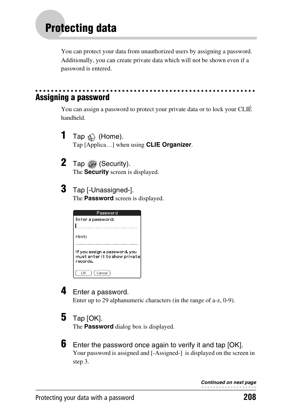 Protecting data, Assigning a password | Sony PEG-TH55 User Manual | Page 208 / 231