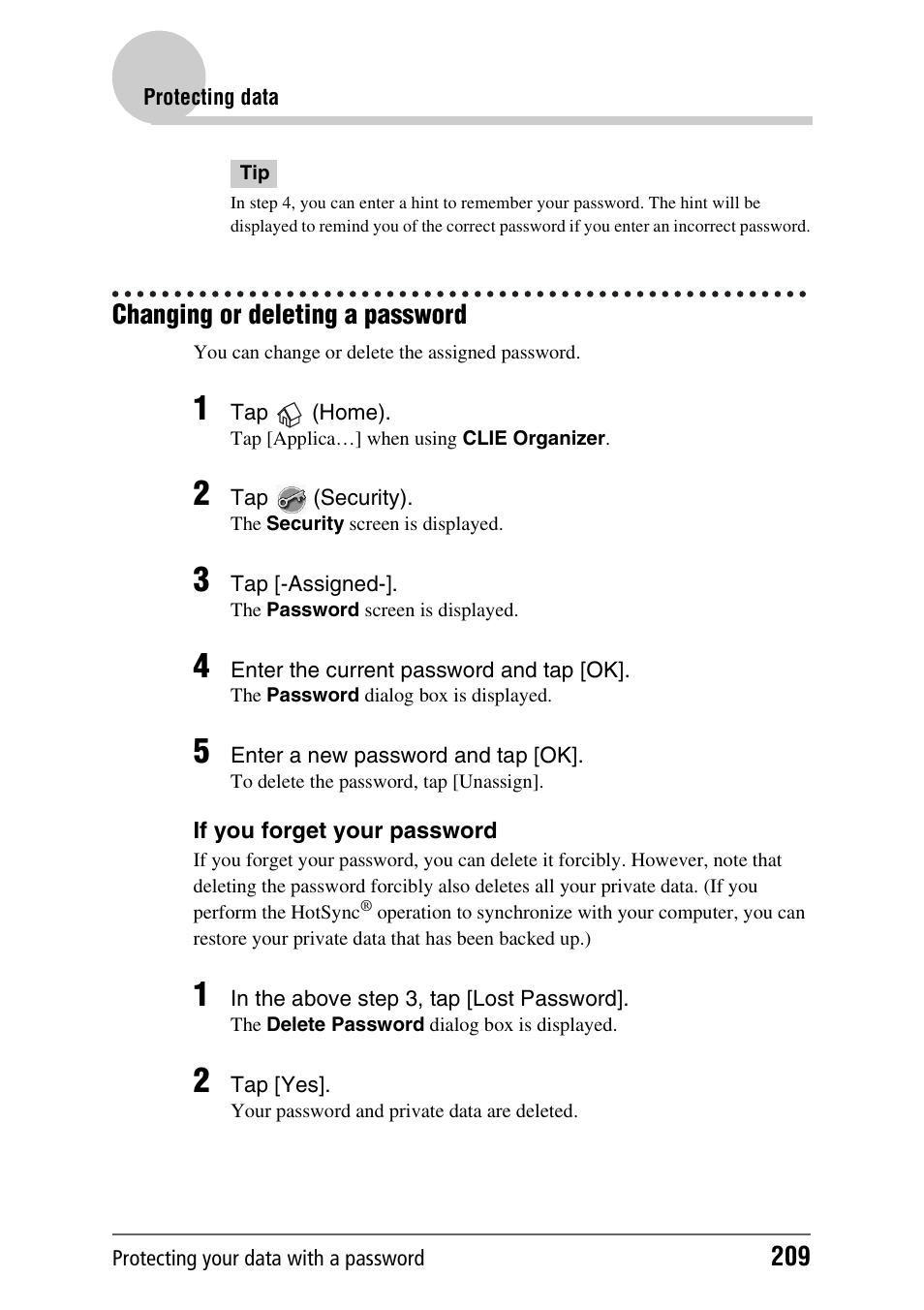 Changing or deleting a password | Sony PEG-TH55 User Manual | Page 209 / 231