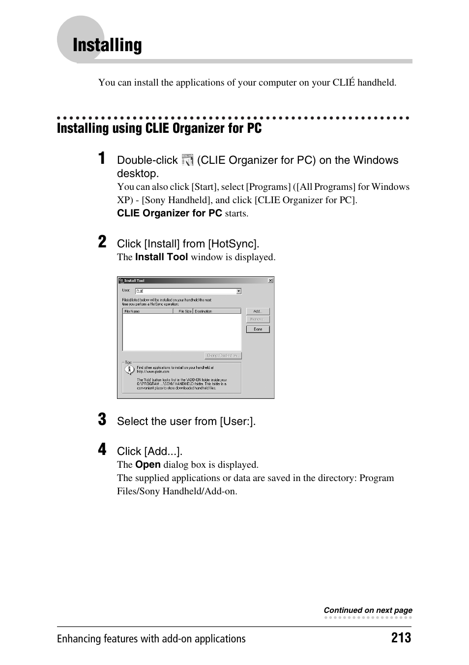 Installing, Installing using clie organizer for pc | Sony PEG-TH55 User Manual | Page 213 / 231