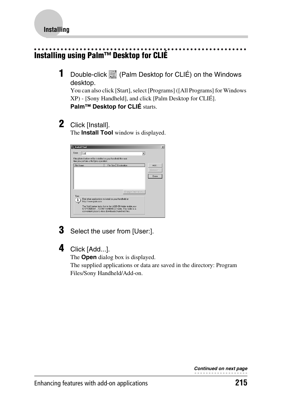 Installing using palm™ desktop for clié | Sony PEG-TH55 User Manual | Page 215 / 231