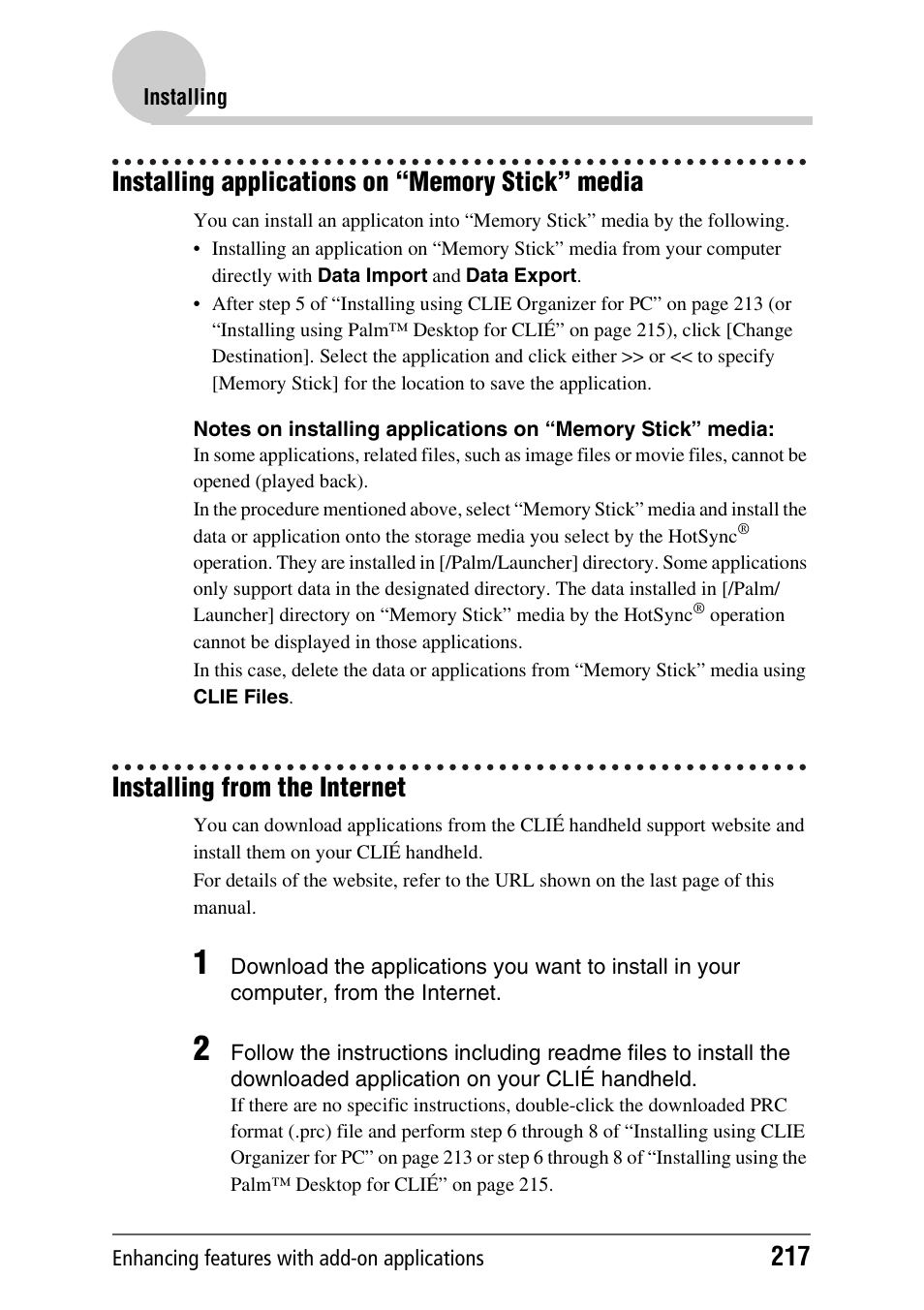 Installing applications on “memory stick” media, Installing from the internet | Sony PEG-TH55 User Manual | Page 217 / 231