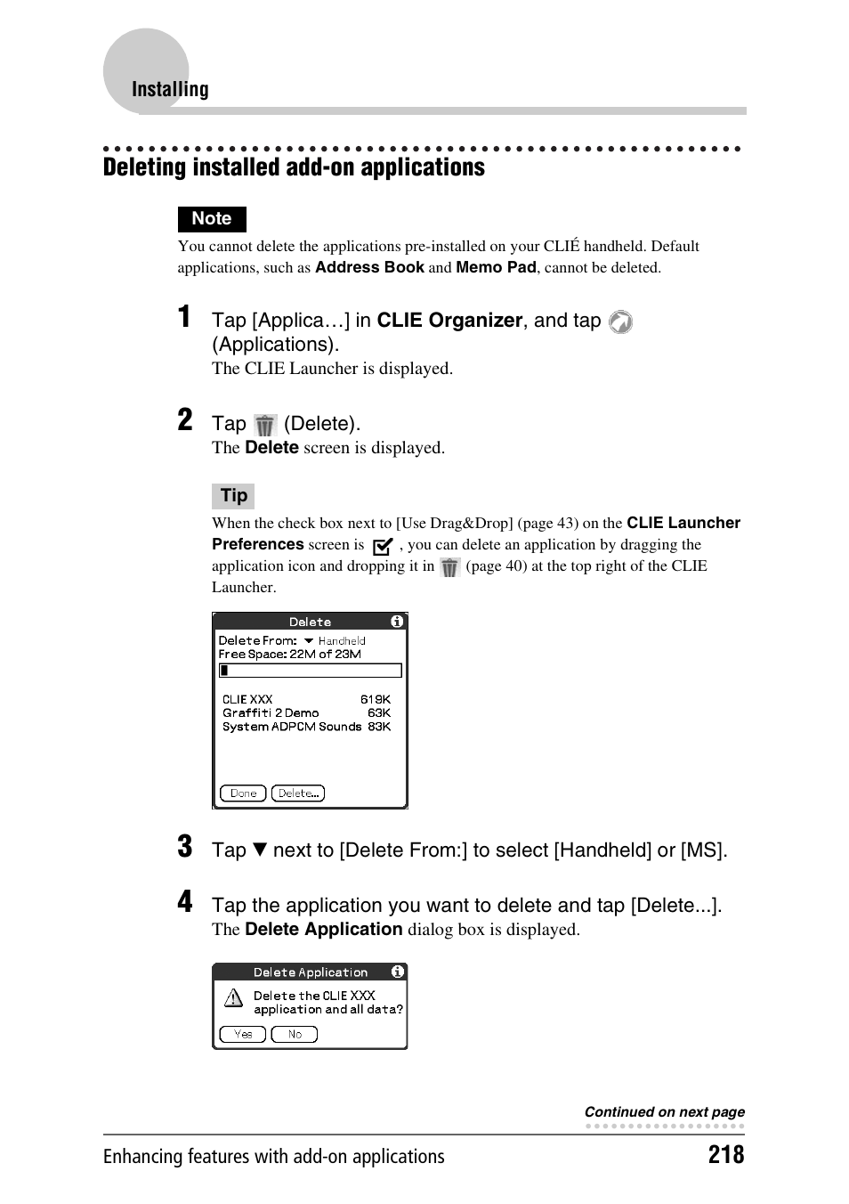 Deleting installed add-on applications | Sony PEG-TH55 User Manual | Page 218 / 231