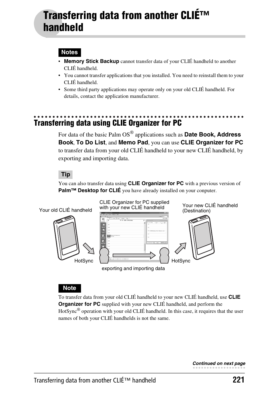 Transferring data from another clié™ handheld, Transferring data using clie organizer for pc | Sony PEG-TH55 User Manual | Page 221 / 231