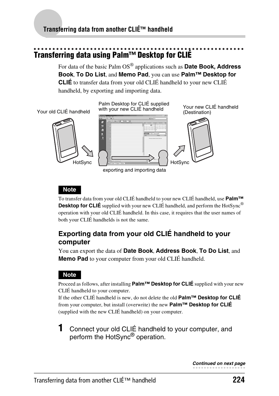 Transferring data using palm™ desktop for clié | Sony PEG-TH55 User Manual | Page 224 / 231