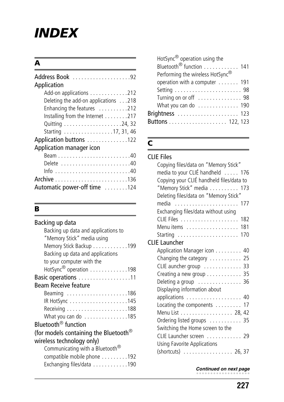 Index | Sony PEG-TH55 User Manual | Page 227 / 231