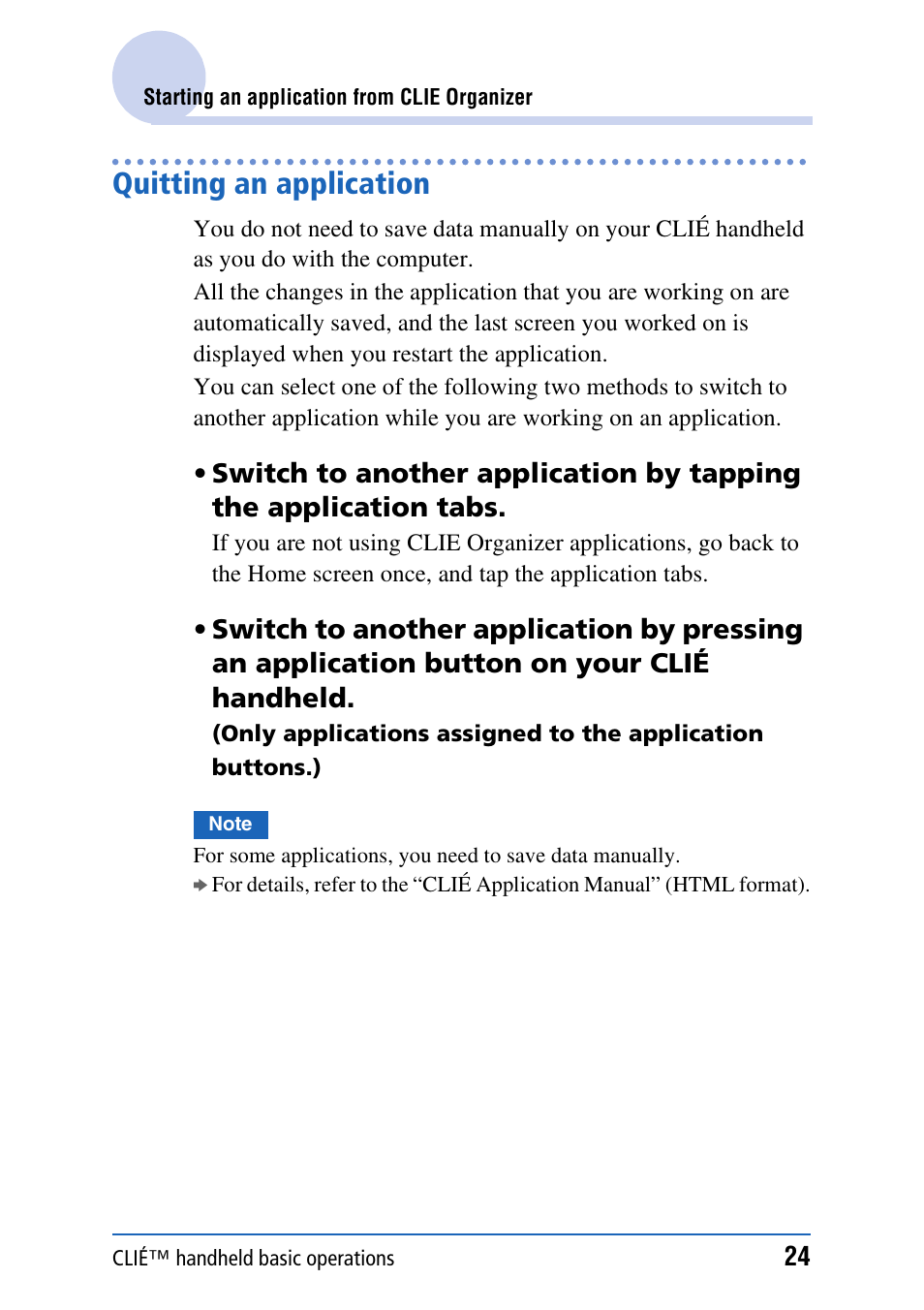 Quitting an application | Sony PEG-TH55 User Manual | Page 24 / 231