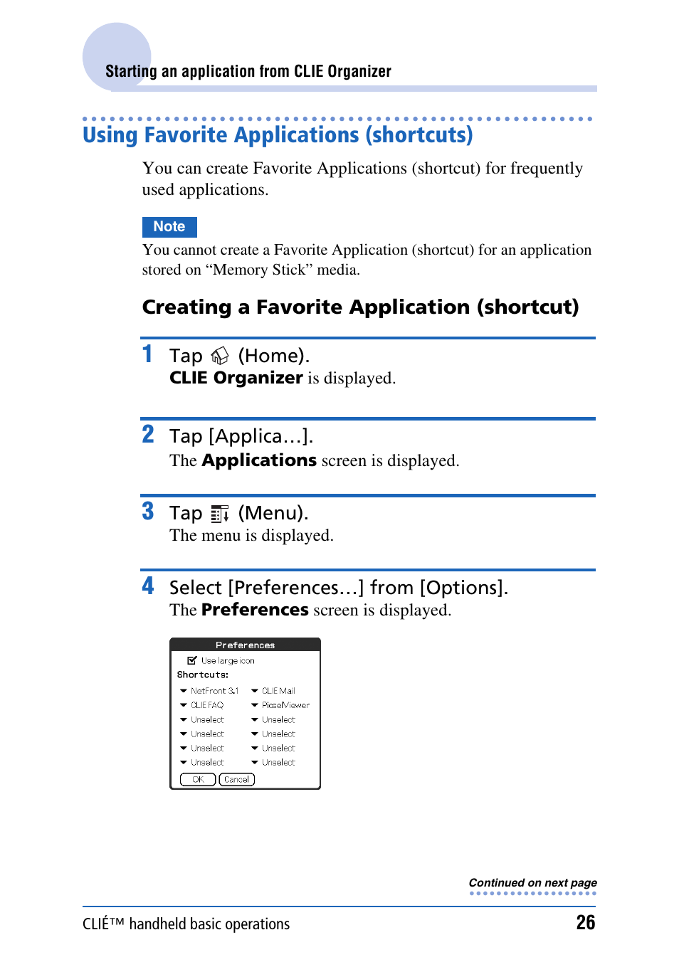 Using favorite applications (shortcuts) | Sony PEG-TH55 User Manual | Page 26 / 231