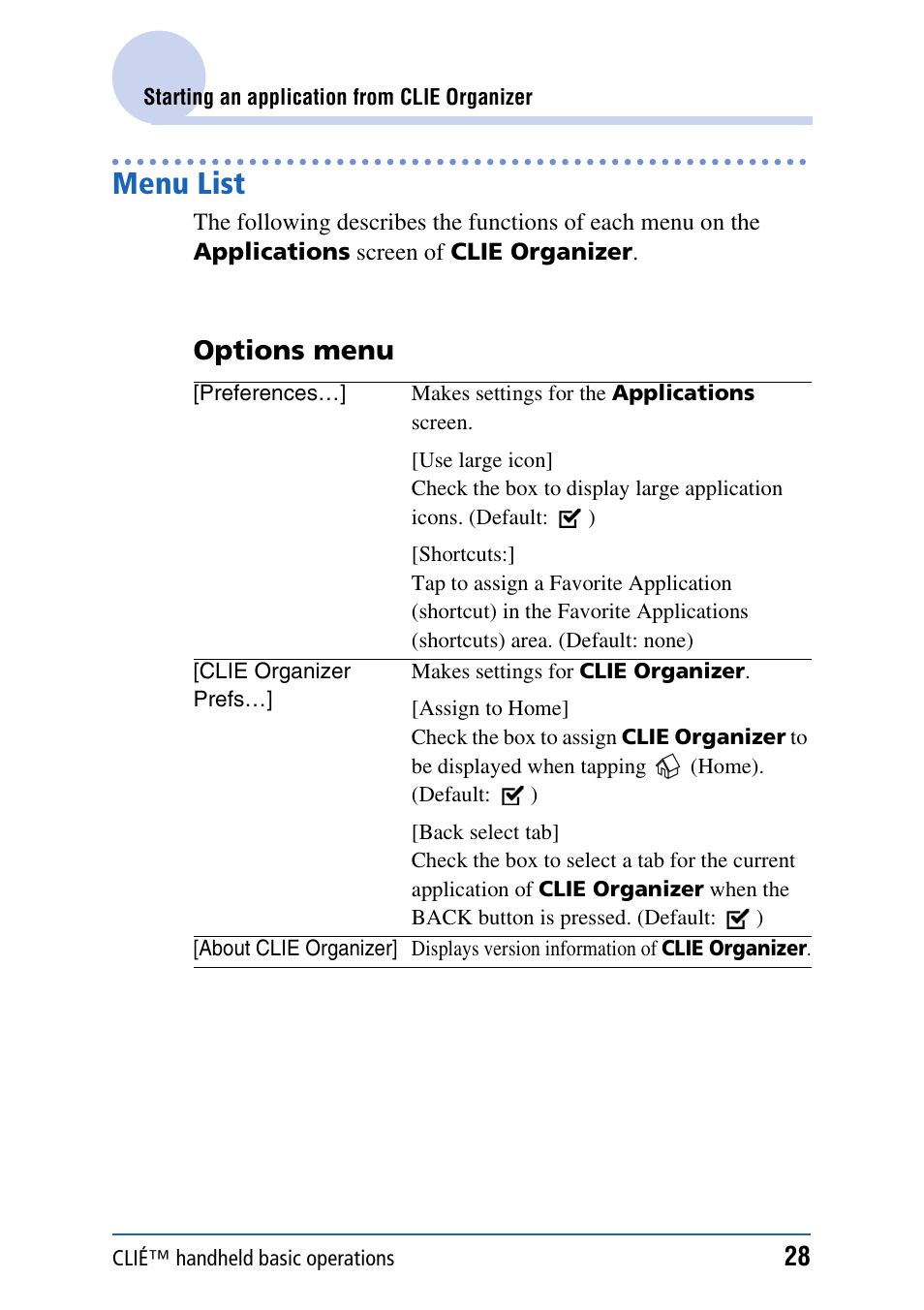 Menu list, Options menu | Sony PEG-TH55 User Manual | Page 28 / 231