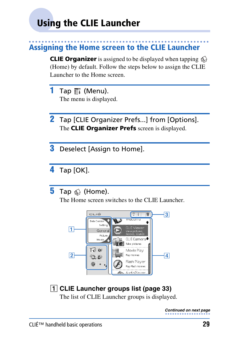 Using the clie launcher, Assigning the home screen to the clie launcher | Sony PEG-TH55 User Manual | Page 29 / 231