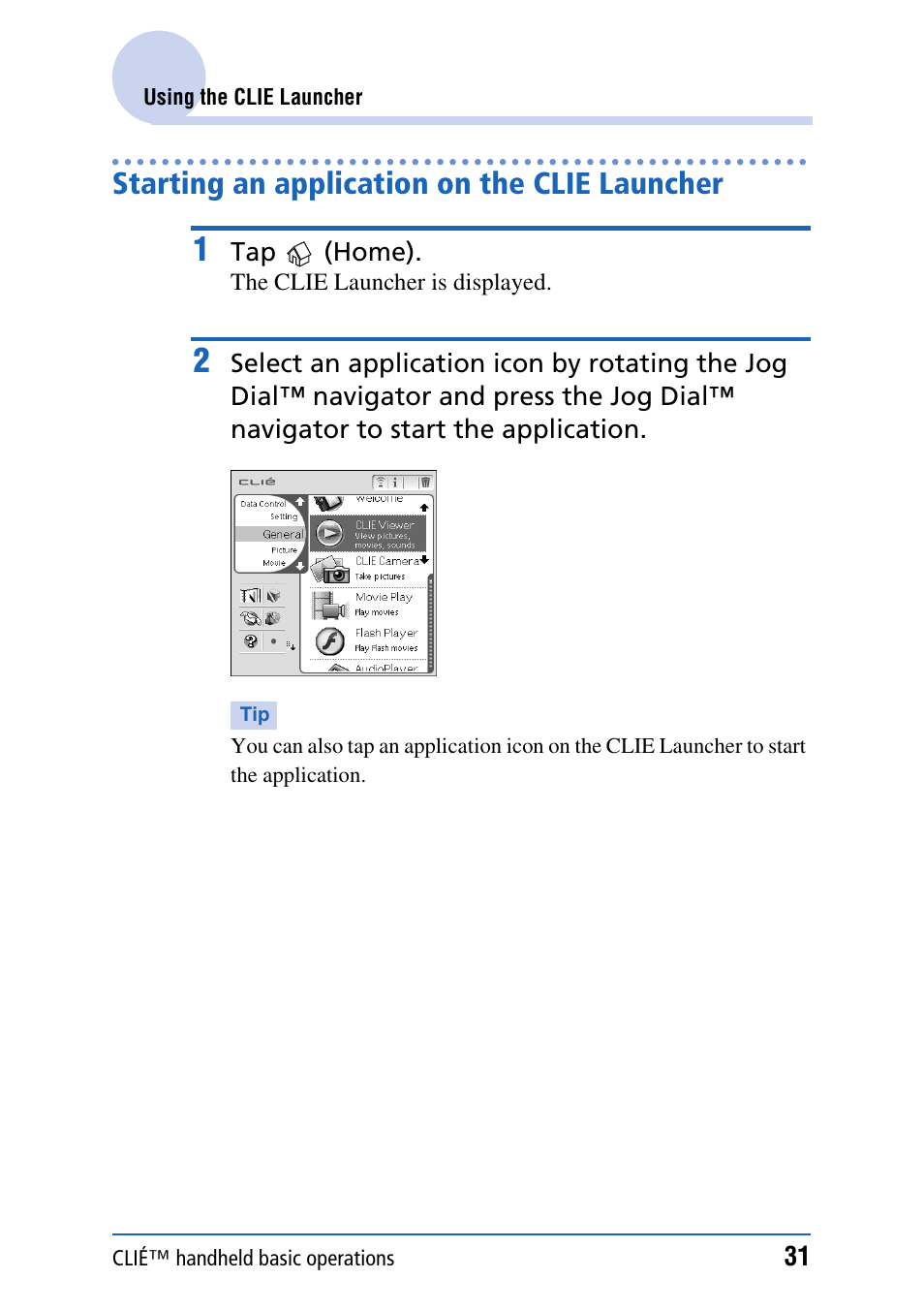 Starting an application on the clie launcher | Sony PEG-TH55 User Manual | Page 31 / 231