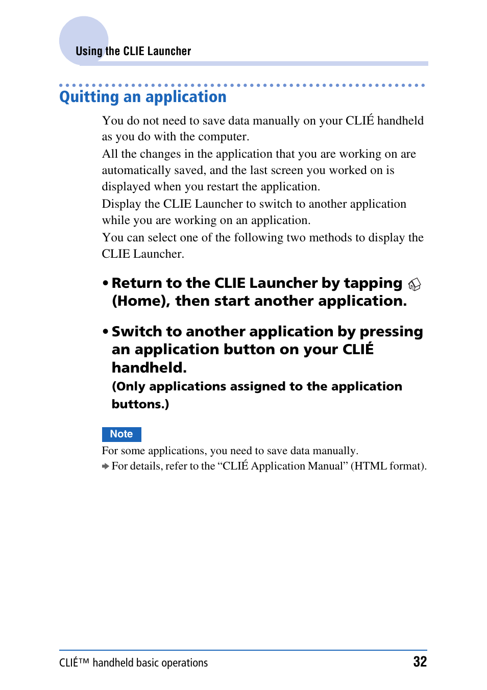 Quitting an application | Sony PEG-TH55 User Manual | Page 32 / 231