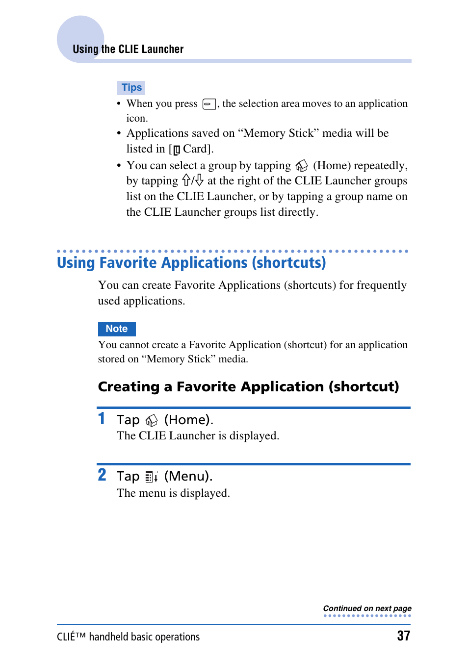 Using favorite applications (shortcuts), Creating a favorite application (shortcut) | Sony PEG-TH55 User Manual | Page 37 / 231