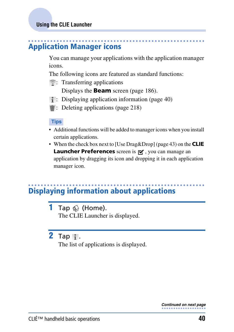 Application manager icons, Displaying information about applications | Sony PEG-TH55 User Manual | Page 40 / 231