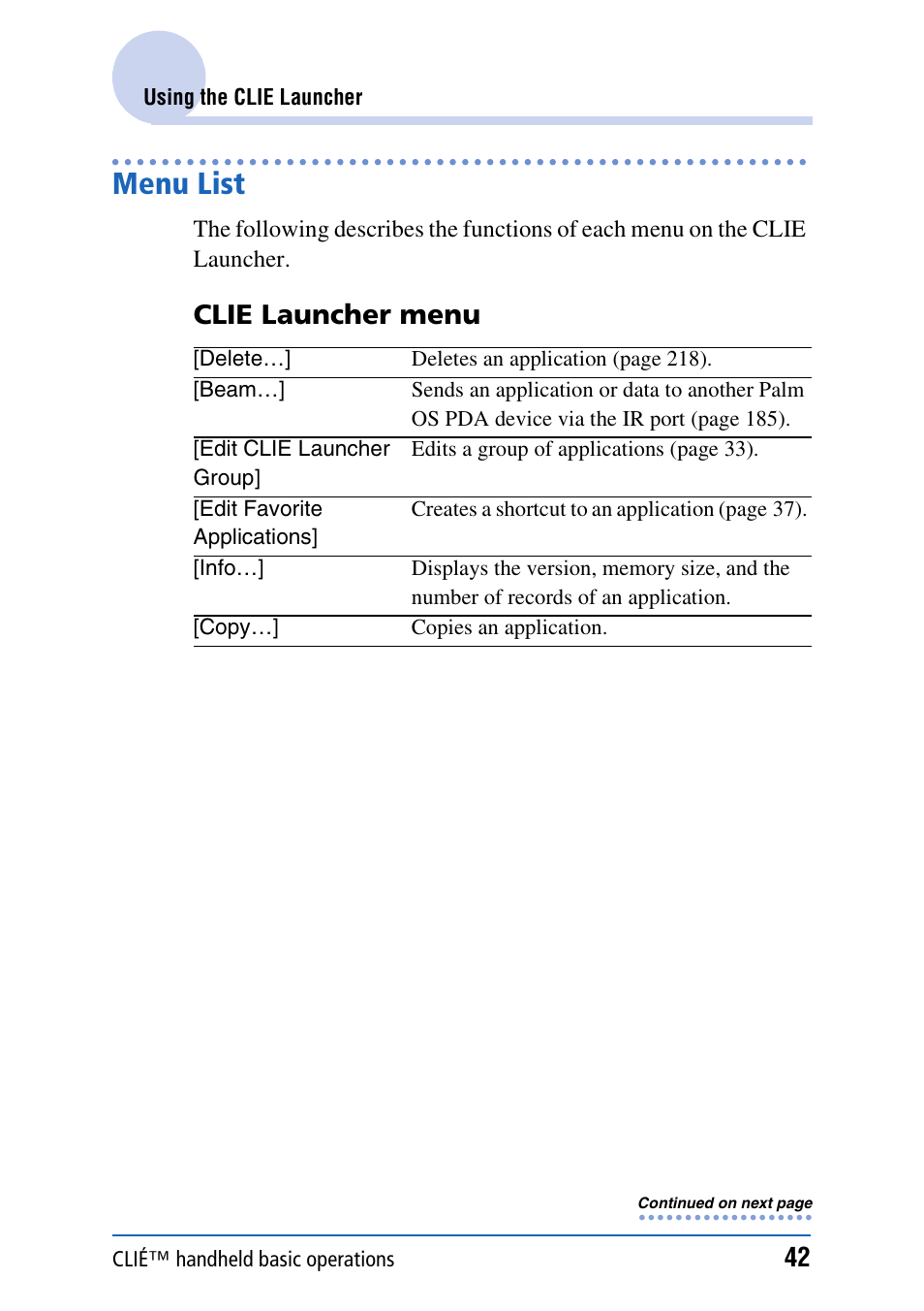 Menu list, Clie launcher menu | Sony PEG-TH55 User Manual | Page 42 / 231