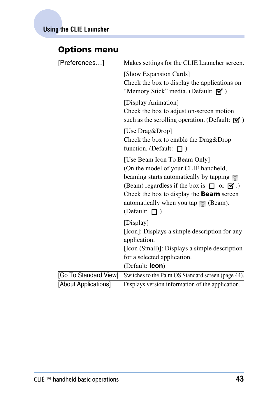 Options menu | Sony PEG-TH55 User Manual | Page 43 / 231