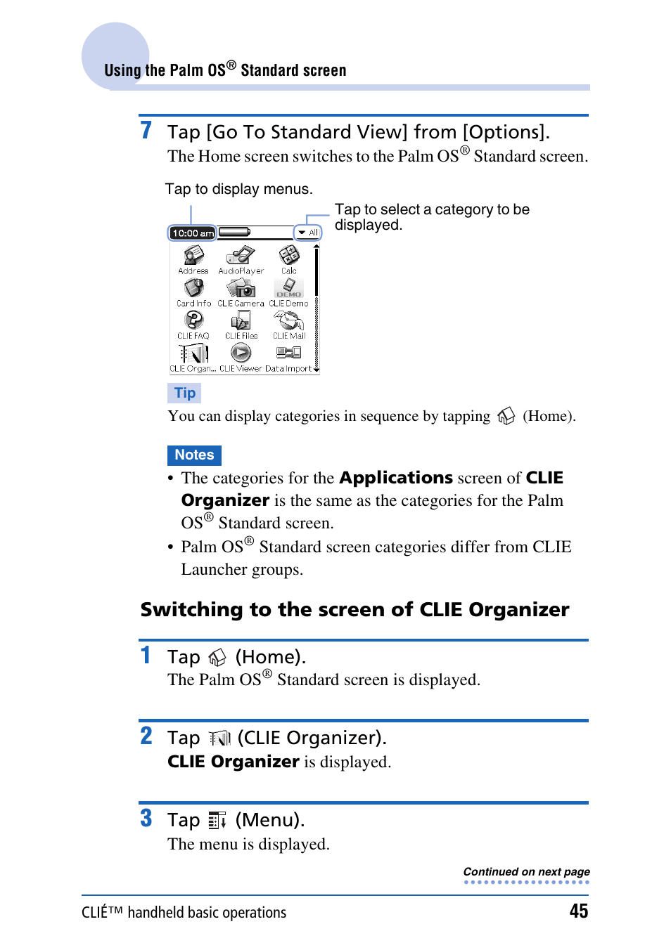 Switching to the screen of clie organizer | Sony PEG-TH55 User Manual | Page 45 / 231