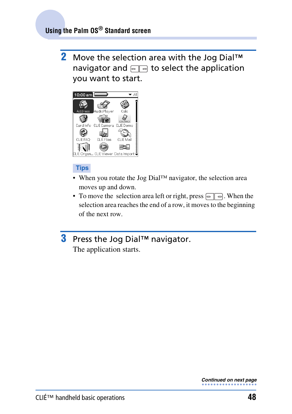 Press the jog dial™ navigator | Sony PEG-TH55 User Manual | Page 48 / 231