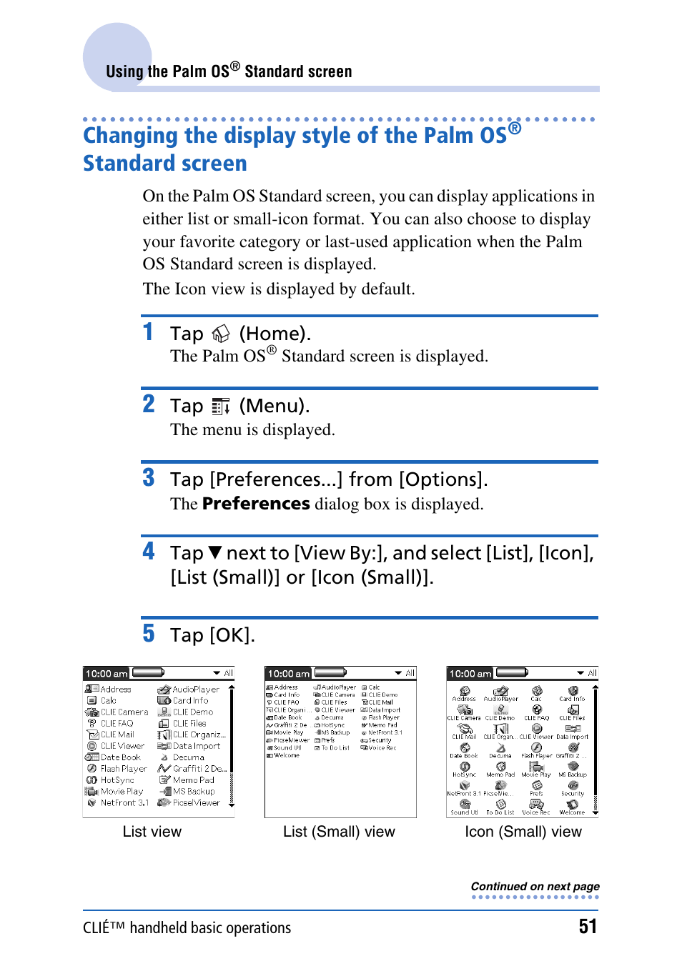 Changing the display style of the palm os, Standard screen | Sony PEG-TH55 User Manual | Page 51 / 231