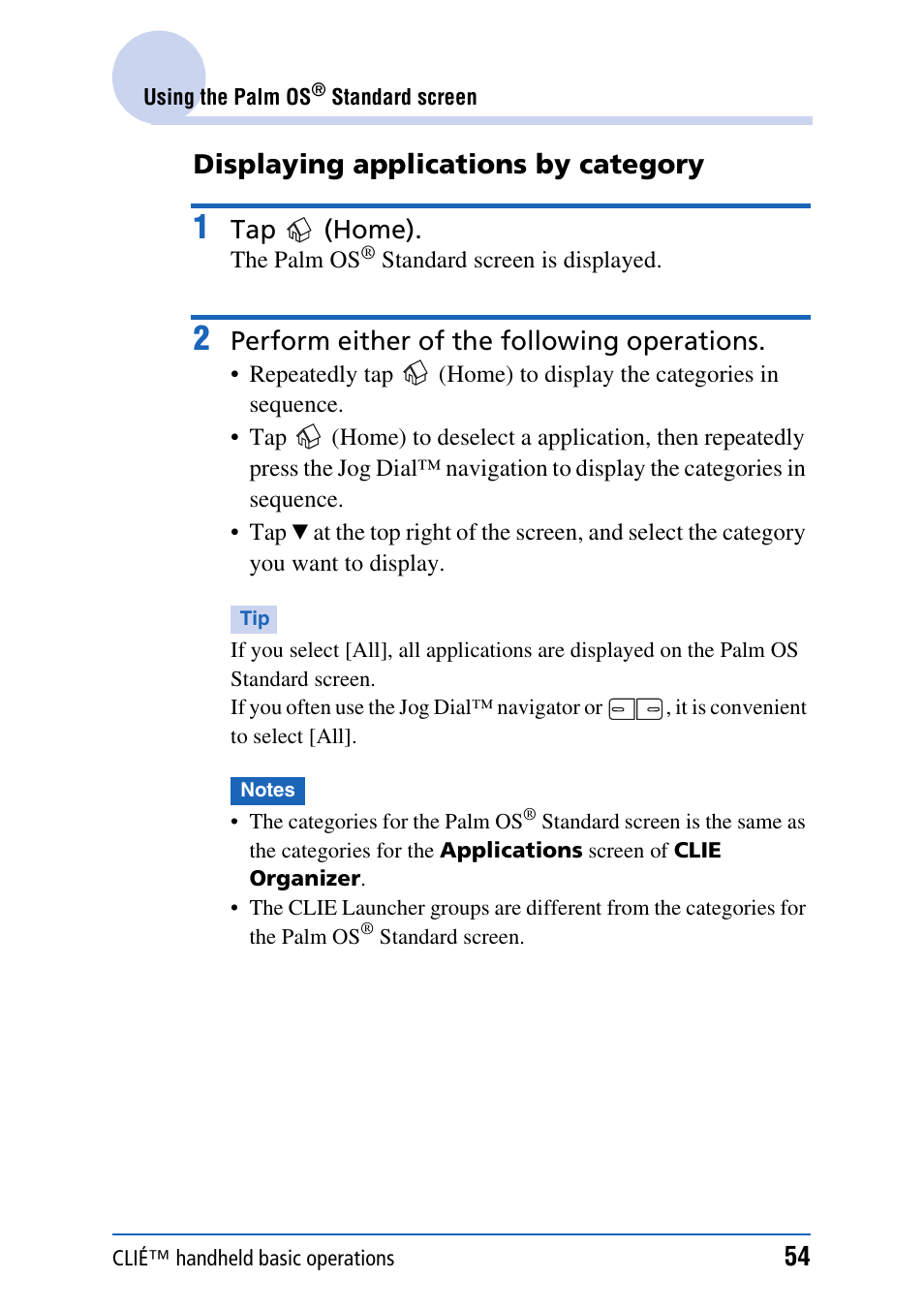 Displaying applications by category, Tap (home), Perform either of the following operations | Sony PEG-TH55 User Manual | Page 54 / 231