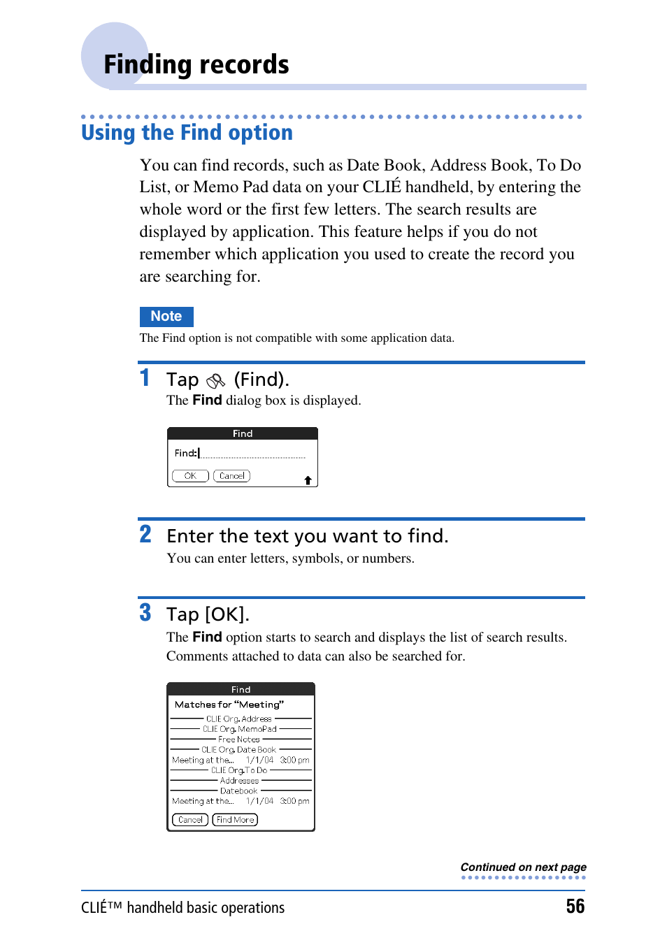 Finding records, Using the find option | Sony PEG-TH55 User Manual | Page 56 / 231