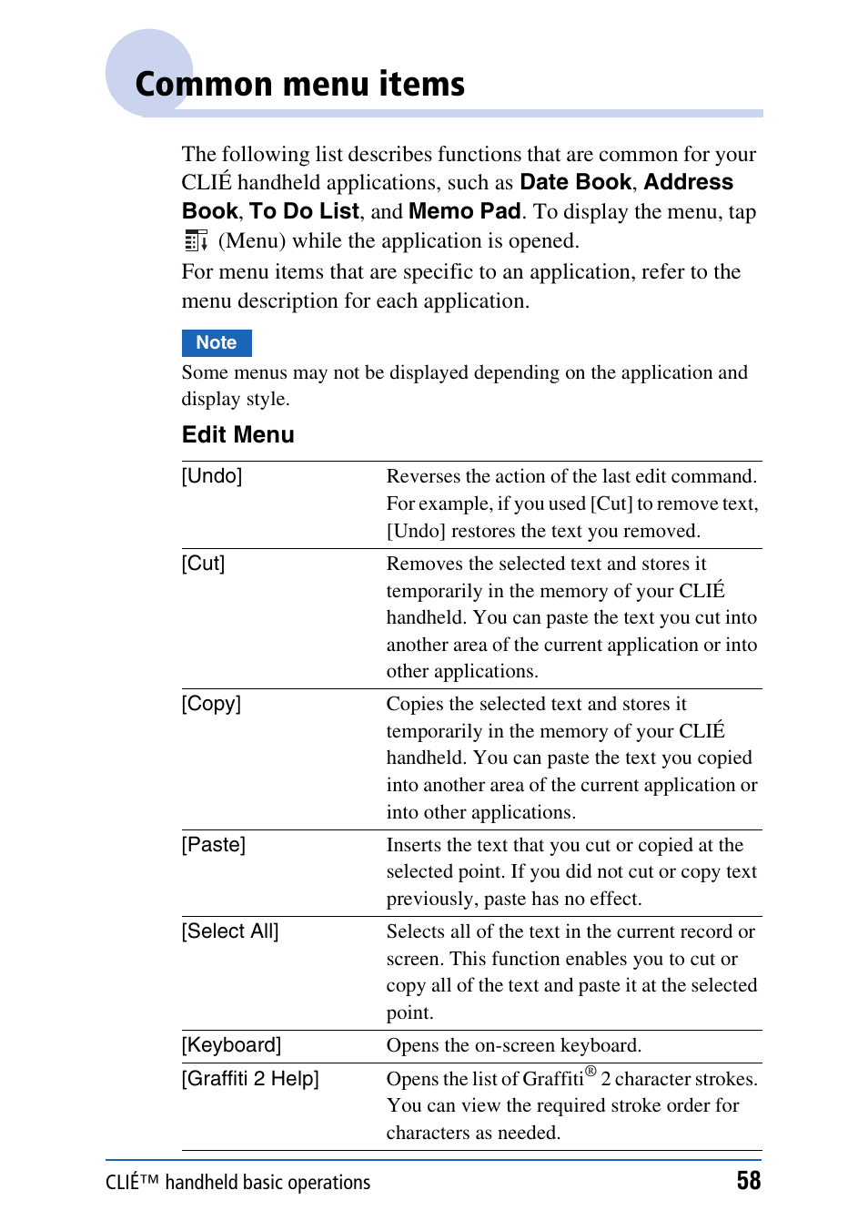 Common menu items | Sony PEG-TH55 User Manual | Page 58 / 231