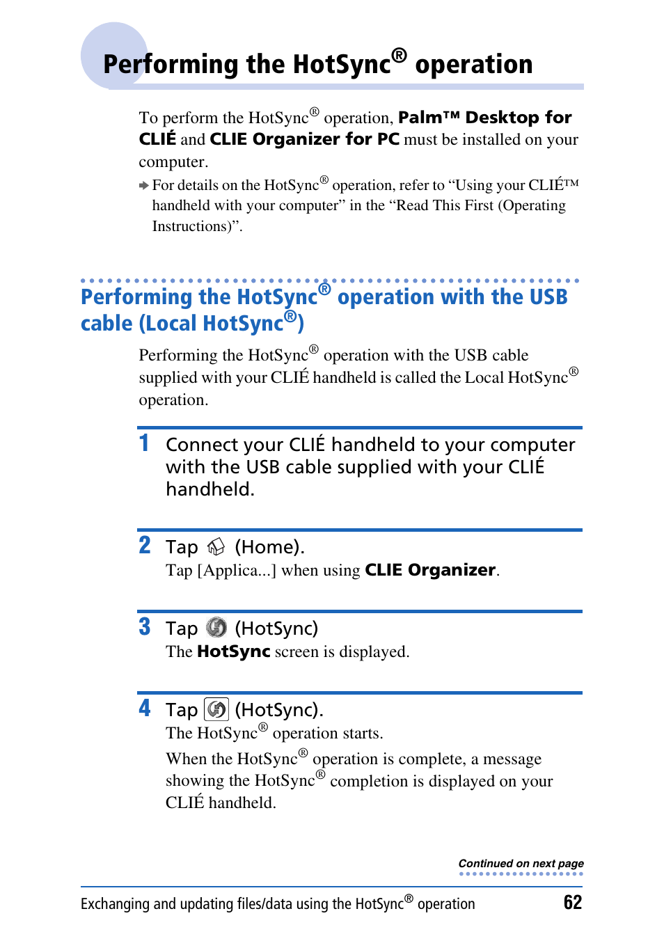 Performing the hotsync® operation, Performing the hotsync, Operation | Operation with the usb cable, Local hotsync, Operation with the usb cable (local hotsync | Sony PEG-TH55 User Manual | Page 62 / 231