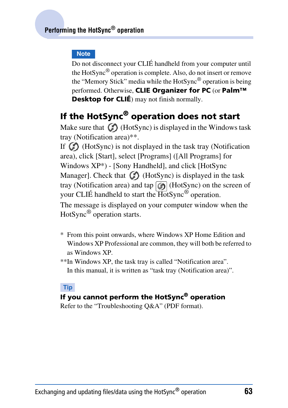 If the hotsync, Operation does not start | Sony PEG-TH55 User Manual | Page 63 / 231