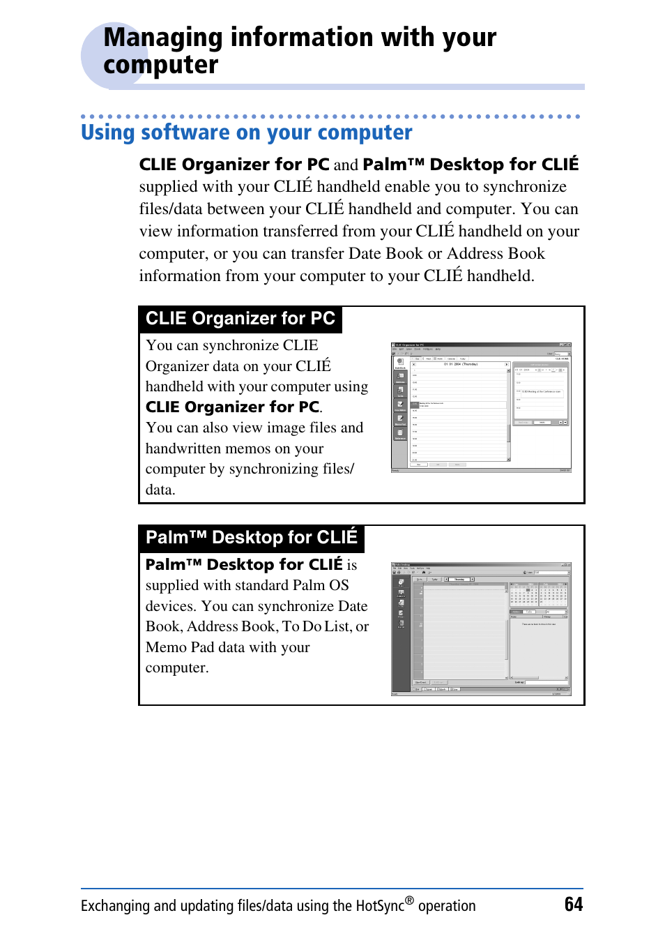 Managing information with your computer, Using software on your computer | Sony PEG-TH55 User Manual | Page 64 / 231