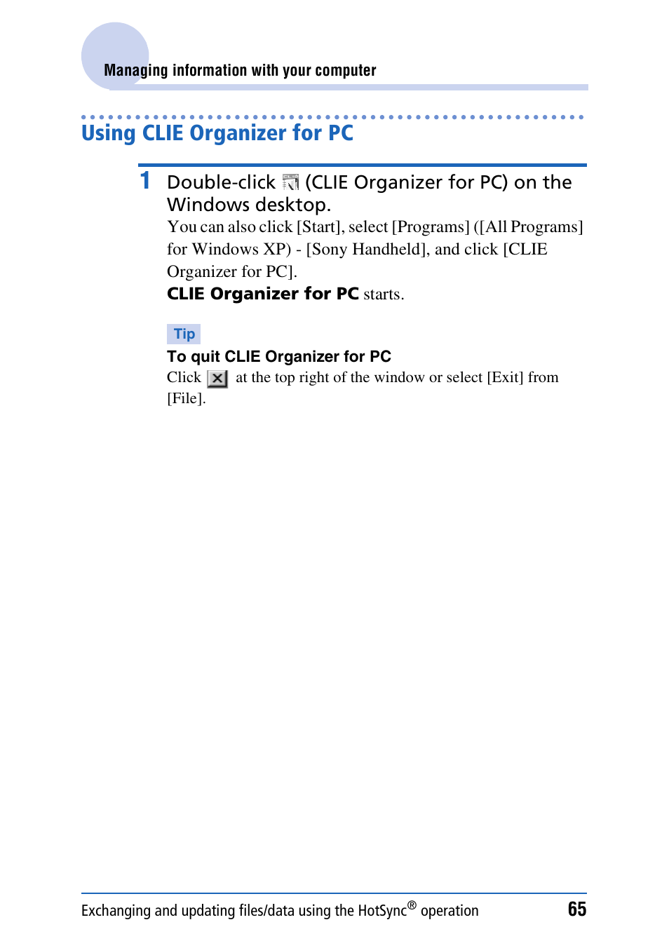 Using clie organizer for pc | Sony PEG-TH55 User Manual | Page 65 / 231