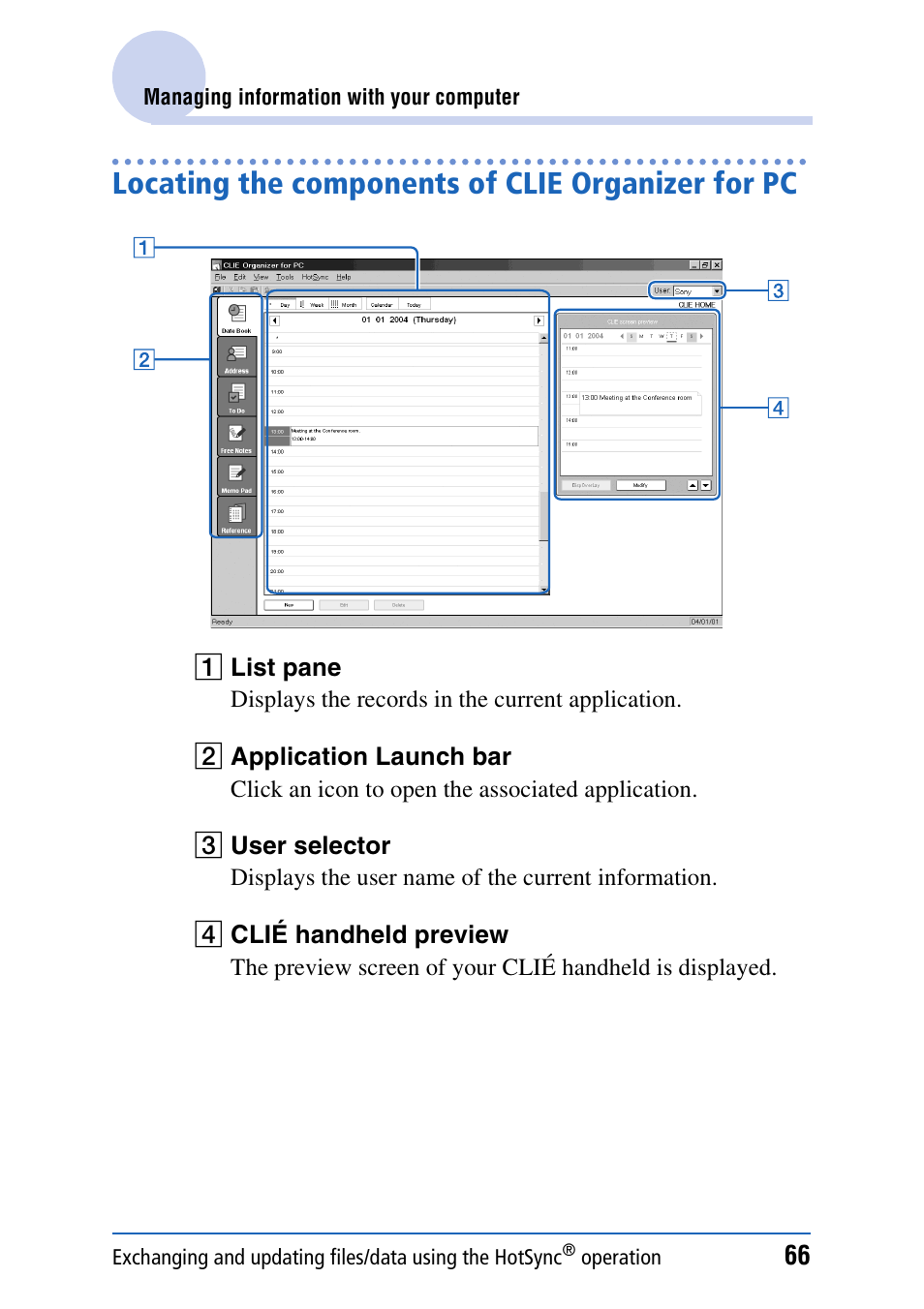 Locating the components of clie organizer for pc | Sony PEG-TH55 User Manual | Page 66 / 231